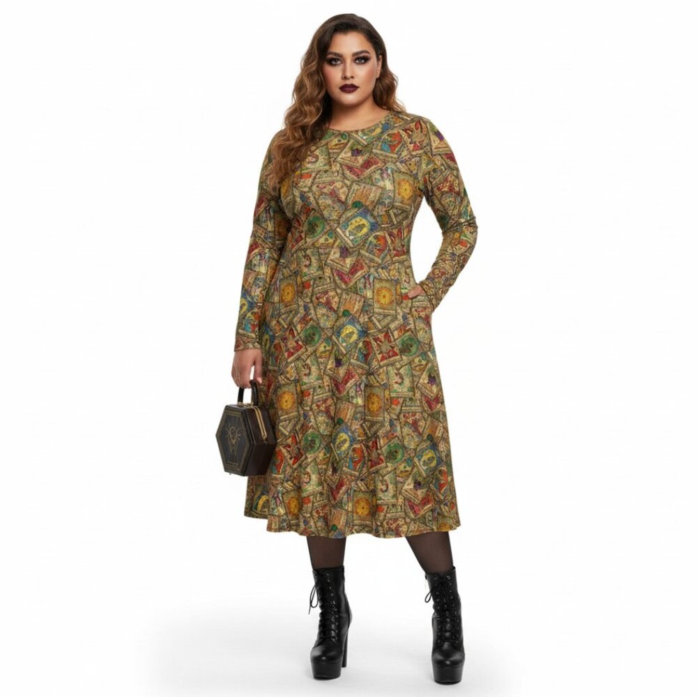 Goth Tarot Card Goddess Long Sleeve Midi Dress with Pockets